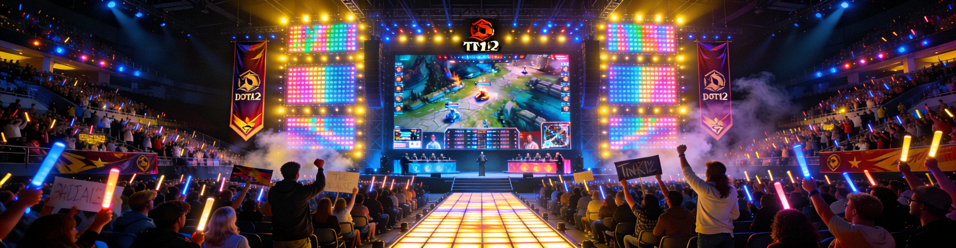 DOTA2国际邀请赛TI12主舞台全景，璀璨灯光与狂热观众