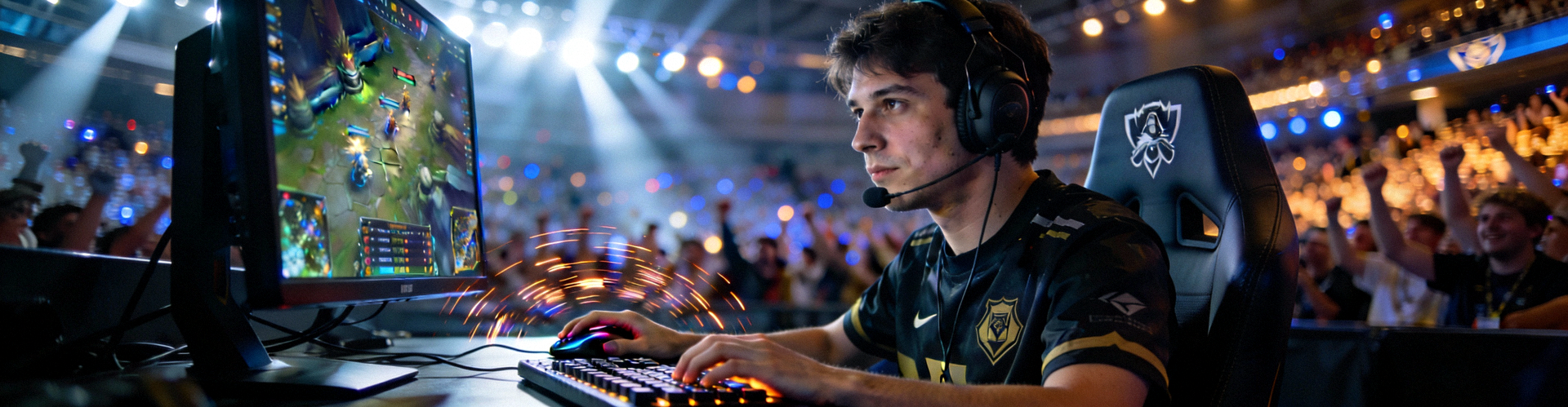 英雄联盟全球总决赛现场激烈对战画面，选手全神贯注操作